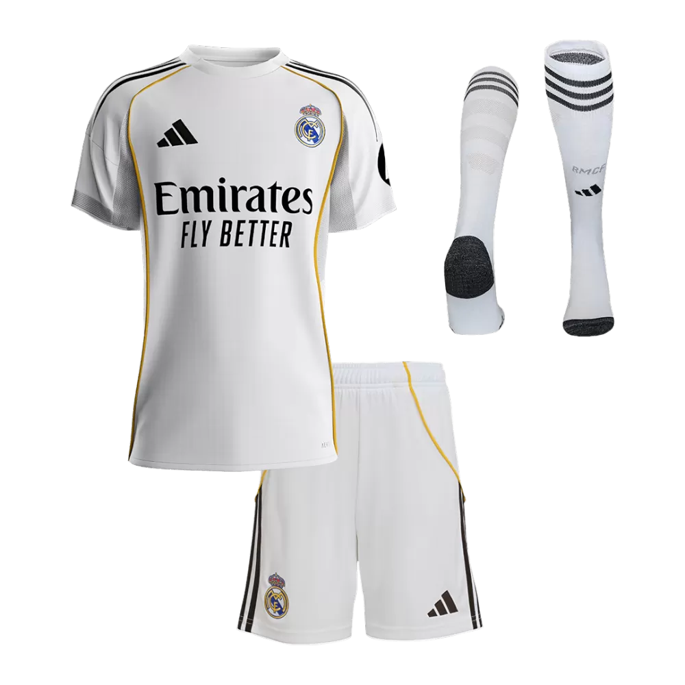 KIDS REAL MADRID HOME SOCCER JERSEY FULL KIT 2025/26